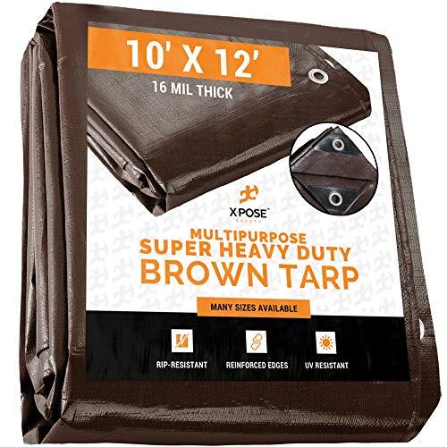 10' x 12' Super Heavy Duty 16 Mil Brown Poly Tarp Cover - Thick Waterproof, UV Resistant, Rot, Rip and Tear Proof Tarpaulin with Grommets and Reinforced Edges - by Xpose Safety