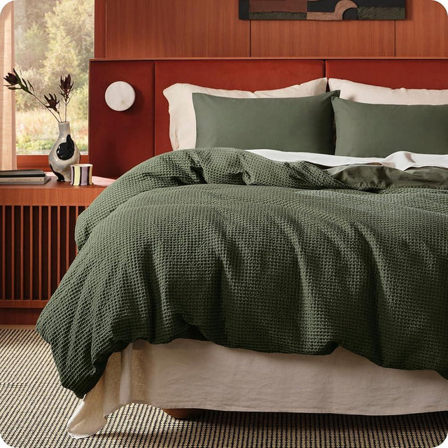 Bedsure Cotton Duvet Cover King Size - 100% Cotton Waffle Weave Olive Green Duvet Cover, PureWoven Textured Breathable Bedding Comforter Cover for All Season, 1 Duvet Cover Only 104"x90"