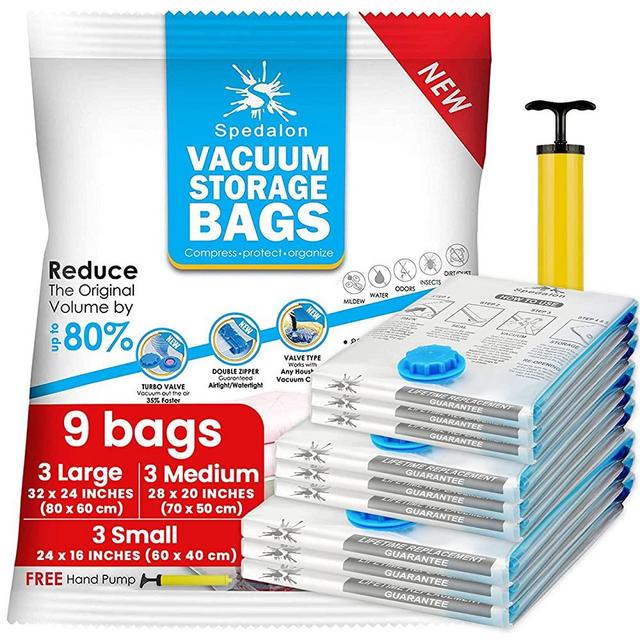 Spedalon Vacuum Space Saver Bags - 9 Pack (3 Large, 3 Medium, 3 Small) Packing Bags for Moving | Sealer Vacuum Storage Bags for Clothes, Blanket, Comforter, Bedding, Pillow, Mattress with Hand Pump