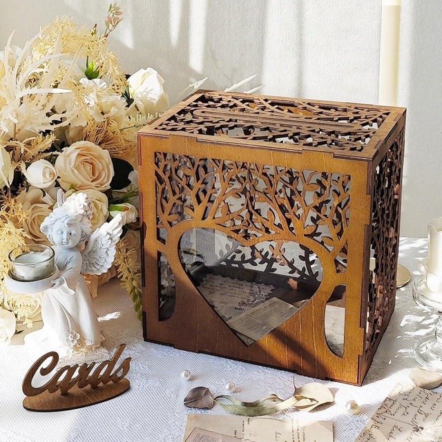 OurWarm Wedding Card Box with Acrylic Window, Wooden Gift Card Box for Wedding Decorations for Reception, Rustic Brown Wood Money Keepsake Boxes for Wedding Decor Baby Shower Birthday Graduation Party