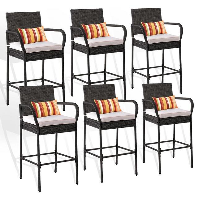 Sundale Outdoor 30 Inch Seat Height Wicker Bar Stools Set of 6, Rattan Barstools with Back, Patio Tall Chairs with Arms & Beige Cushions, All-Weather High Pub Seating, Charcoal Dark Gray