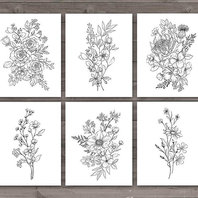 SL Design 6 Panel Botanical Black and White Flower Wall Art Print UNFRAMED, Wildflower Floral Decor (Set of 6) (8x10)