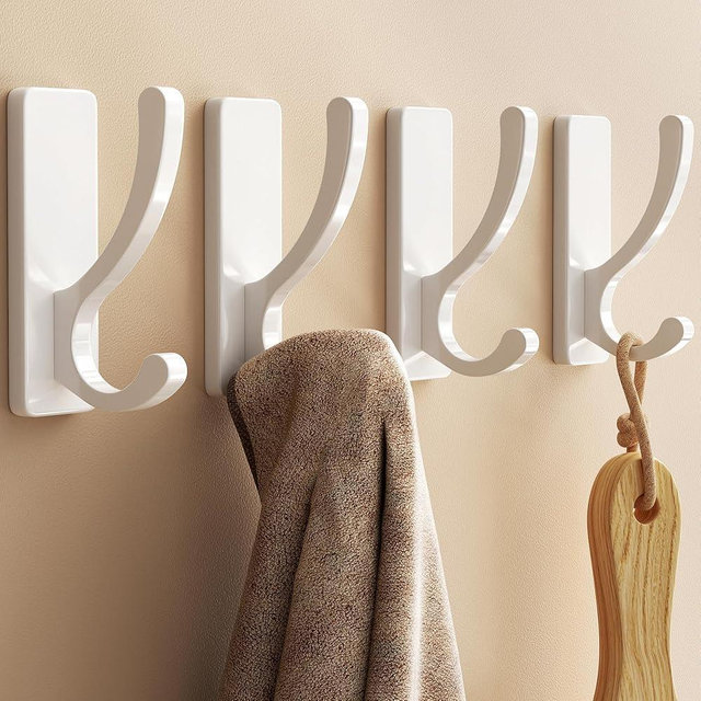 pickpiff Adhesive Wall Hooks for Towels - Sticky Hook Hanging Heavy Duty (13lb), Hanger for Door, Bathroom, Dorm, Closet - for Coats, Purse, Bag, Robe - No Damage to Wall - White 4 Pack