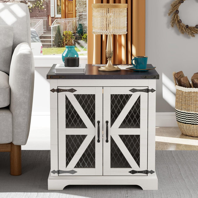 End Table with Charging Station, Farmhouse Nightstand with Mesh Barn Door & Adjustable Shelf, Wood Storage Cabinets for Bedroom, Living Room, White