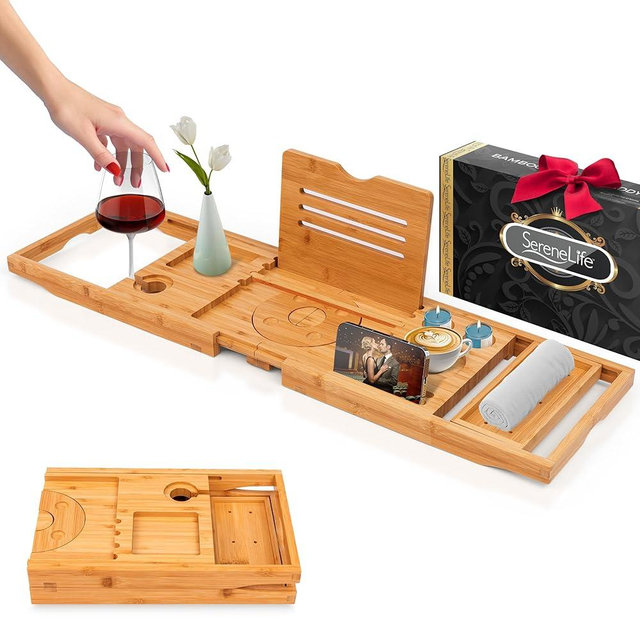 SereneLife Premium Foldable Bathtub Tray with Gift Box and Bow Set, Expandable Bath Tray, Unique House Warming Gifts, for Mom, Women, New Home, Wedding, Anniversary, Bridal Shower, Fit for All Tub