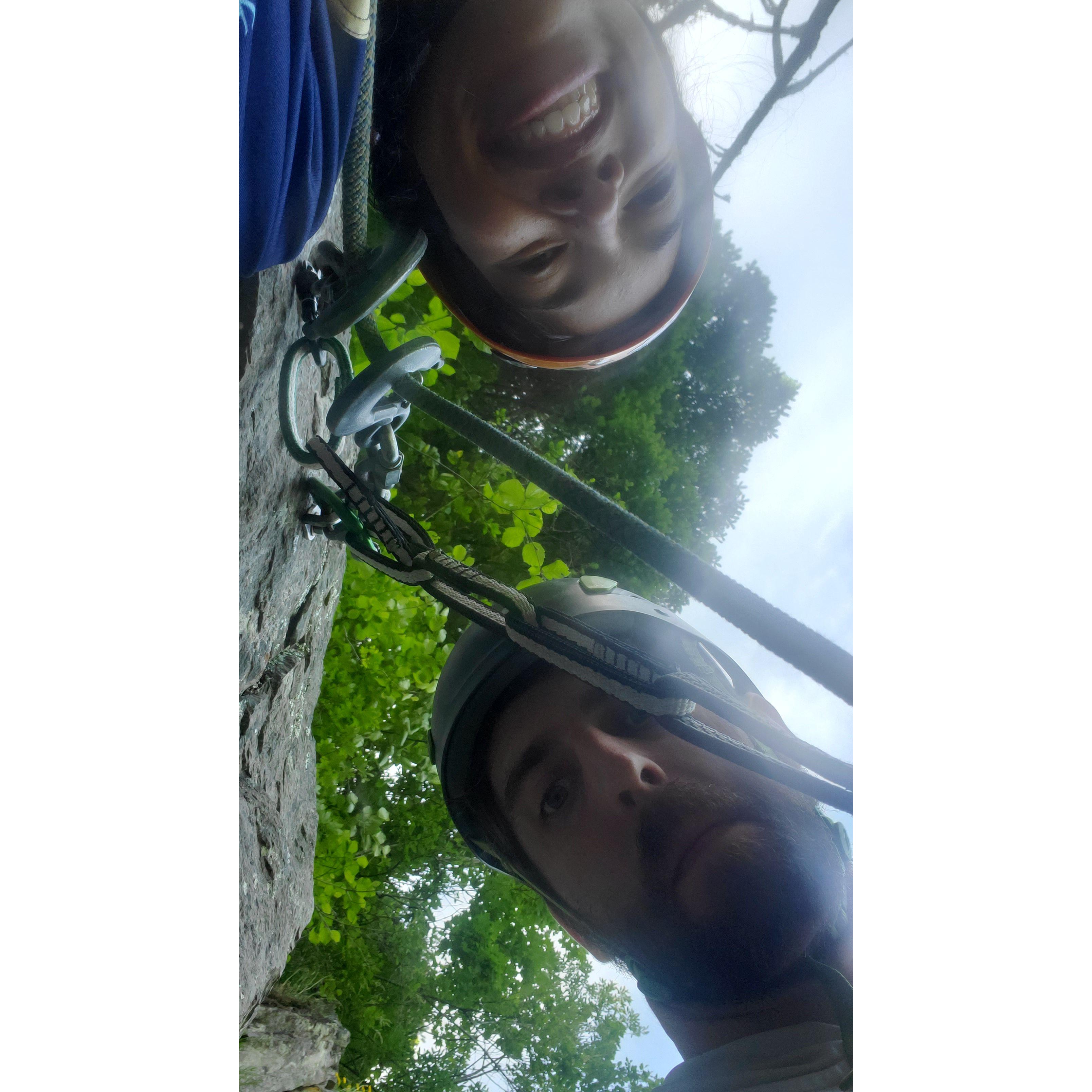 Our first photo together. Climbing at Ozone in the Gorge.