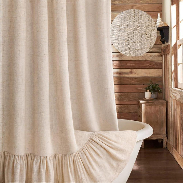 XOGUIBO Farmhouse Shower Curtain with Ruffle Hem Linen Beige Shower Curtains for Bathroom Country Vintage Rustic Natural Fabric, 72" W x 75" L