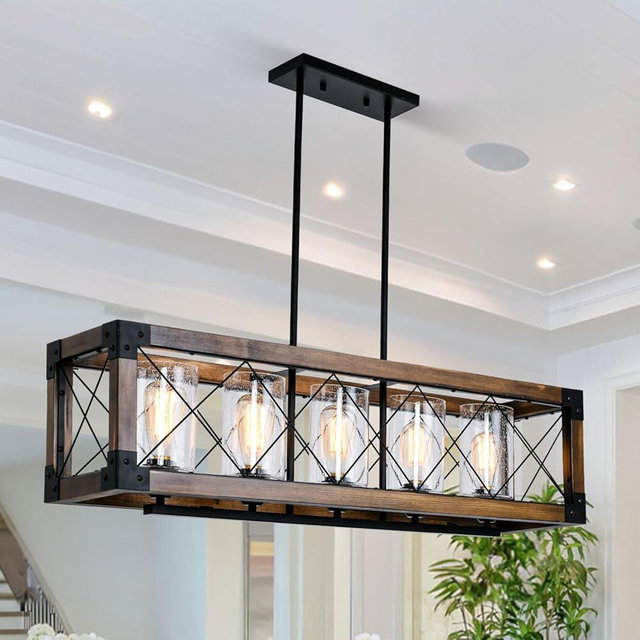 Sdorens Farmhouse Kitchen Island Lighting, 5-Light Dining Room Light Fixture Over Table, Rustic Wooden Rectangle Chandelier, Pool Table Pendant Light Fixtures with Clean Glass Shade