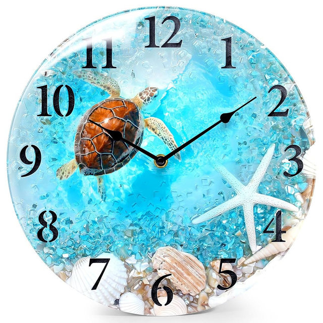 WISKALON Coastal Nautical Glass Wall Clock with Seashell Design and Turtle Beach Theme - Battery Operated Silent Wall Decor for Home, Kitchen, Living Room, Office, Bedroom, or Bathroom (12 Inch,Blue)