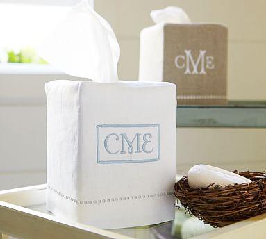 Linen Hemstitch Tissue Box Cover, White