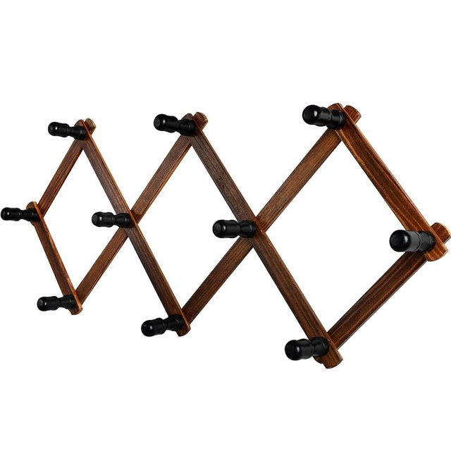 Bohexyu Accordion Wall Hanger, Wood Expandable Wall Mounted Hanger with 10 Hooks for Coats,Hats,Coffee Mug Ect,1 Pack Included, 10 Pegs, Walnut Color,Retro Style,14Inch