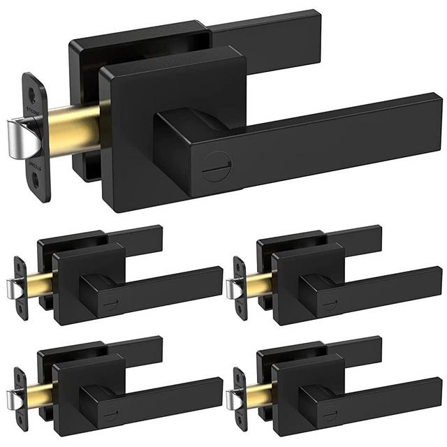 TICONN Black Door Handle Heavy Duty, Matte Black Door Knob Reversible Square Door Lever for Bedroom, Bathroom and Rooms (Privacy Lock, 5-Pack)