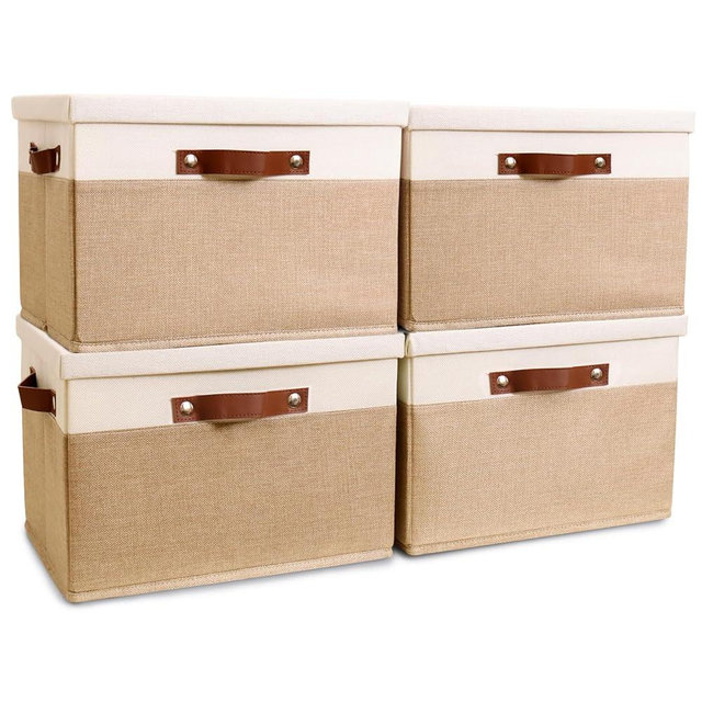 HOdo Home Fabric Storage Bin with Lid and 2 Bold Handles, Collapsible Large Canvas Storage Baskets for Organizing Shelf Nursery Home Closet (White&Yellow, 15L×11W×10H - 4Pack)