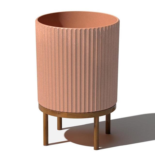 Veradek Demi Series Round Planter w/Stand for Porch/Patio | Durable Plastic-Concrete & Wooden Stand | Modern Décor for Tall Plants, Flowers