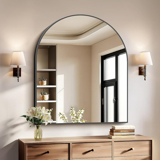 COFENY Black Arch Mirror, 30’’x36’’ Black Mirror for Bathroom, Wide Arched Bathroom Mirror with Metal Wall Mounted Mirror for Bedroom Living Room Entryway Modern