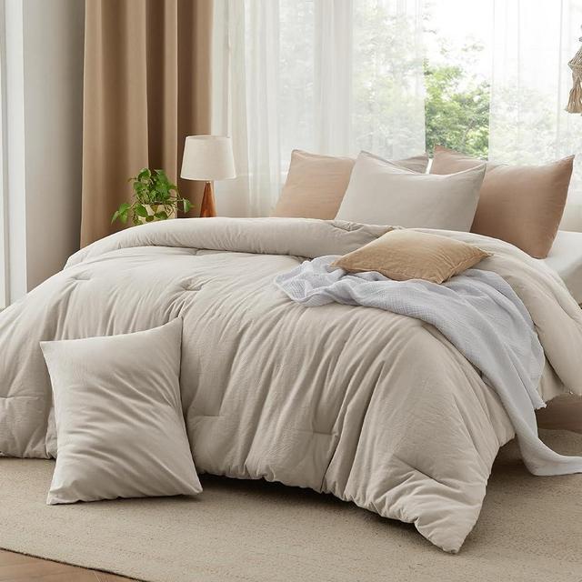 Bedsure Cotton Comforter Set Queen Size - Linen Color Washed Cotton Comforter, Soft Bedding for All Seasons, 3 Pieces, 1 Comforter (90"x90") and 2 Pillow Cases (20"x26")