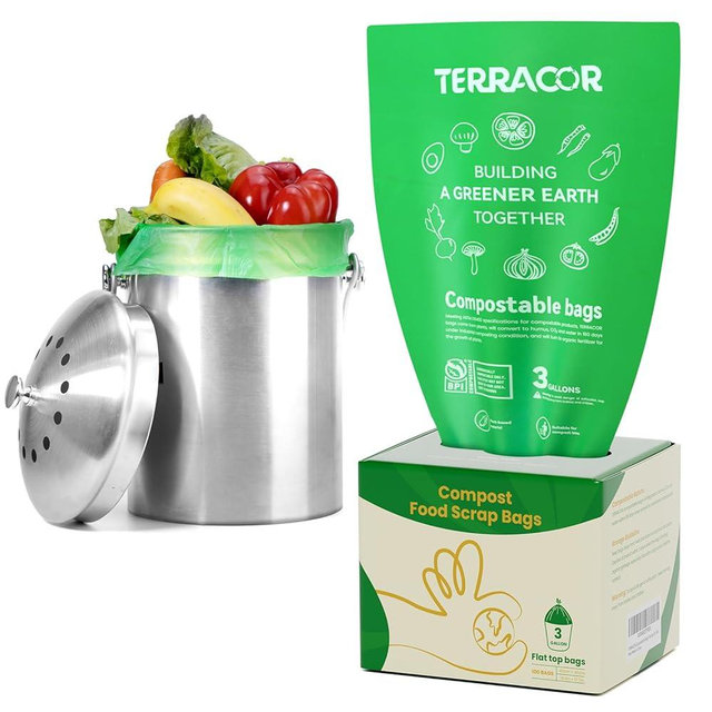 TERRACOR 3 Gallon Compostable Trash Bags, 100 Bags Compost Bags for Countertop Bin, BPI Certified and Meet The ASTM D6400 Standard