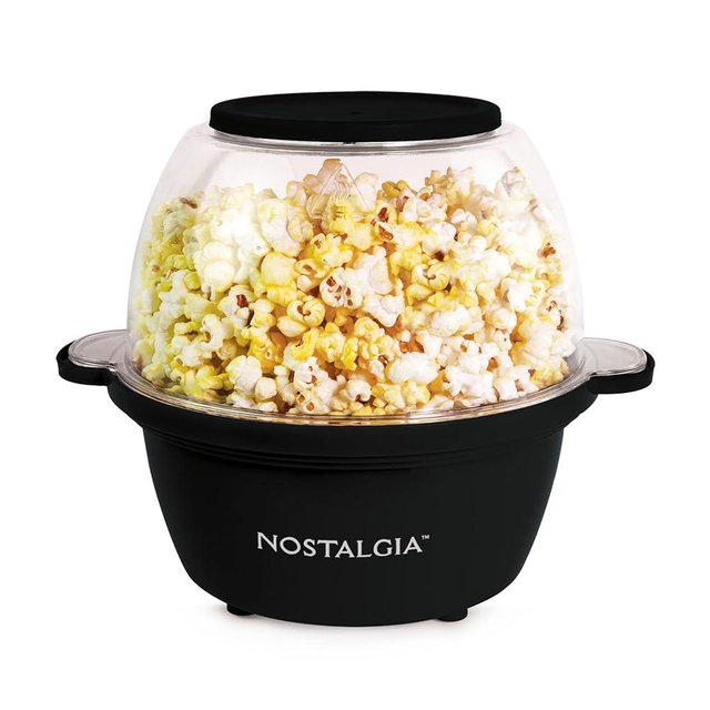 Nostalgia Classic Electric Stirring Popcorn Maker, Makes 8 Cups, Large Lid Doubles as Serving Bowl, Quick Heat Technology, for Kettle Corn and Roasted Nuts, Black