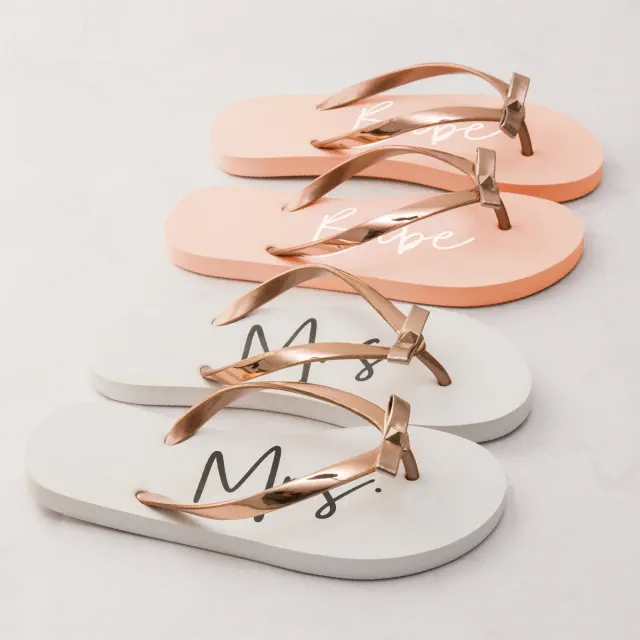 Women's White & Rose Gold Flip-Flops with Bow - Mrs