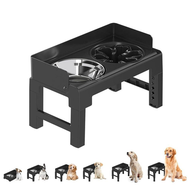 PAKEWAY Elevated Dog Bowls, Spill Proof, Tiltable Dog Feeder with 1 Stainless Steel Bowls &1 Slow Feeder, 6 Height Adjustable Raised Stand for Medium Large Dogs