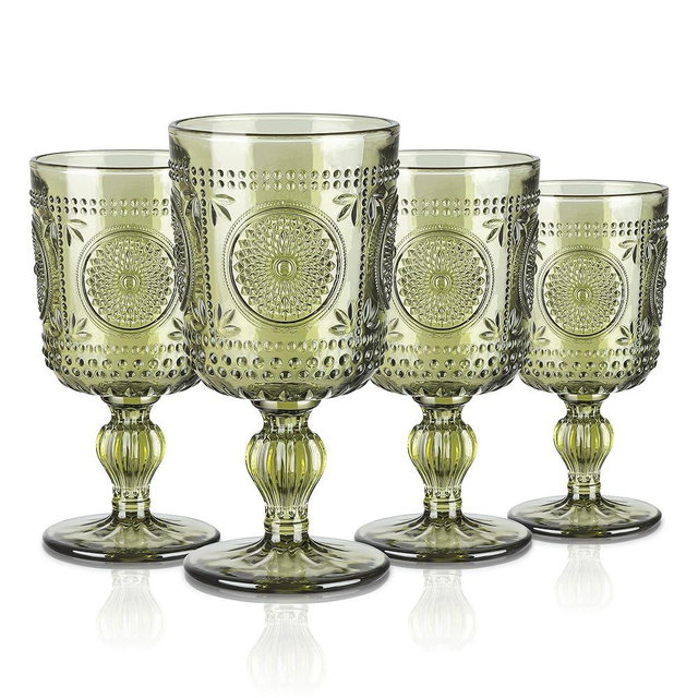 Joeyan Green Wine Glasses,Vintage Sunflower Glass Wine Goblet,Embossed Colored Boho Stemmed Drinking Glasses,Beaded Glassware for Christmas Party Wedding,10 oz,Set of 4,Dishwasher Safe
