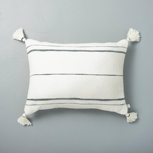 14" x 20" Dotted Stripes with Tassels Throw Pillow Sour Cream/Blue - Hearth & Hand™ with Magnolia