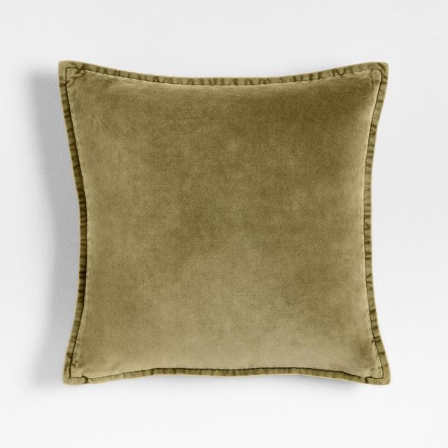 Relaxed Washed Organic Cotton Velvet 20"x20" Moss Green Throw Pillow with Down-Alternative Insert