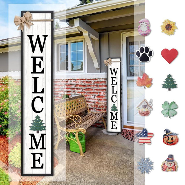 SRSZHIYUE Interchangeable Welcome Sign for Front Door Standing, 45"X9" with 12 Pcs Replaceable Icons Rustic Outdoor Tall Front Porch Farmhouse Outside Wreath Leaner Vertical Decor (Black)