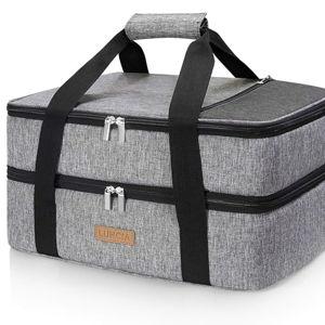 LUNCIA Insulated Double Decker Casserole Carrier, Lasagna Lugger Tote Keeps Food Hot or Cold, Thermal Lunch Bag for Potluck Parties, Picnic and Cookouts, Fits 9" x 13" Baking Dish, Grey