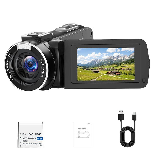 Camcorder Video Camera 2.7K 48MP Vlogging Camera, 18X Digital Zoom Video Camera for YouTube, 3" 270° Rotatable Screen Camcorder with LED Light & Webcam, Anti-Shake Function for Beginners