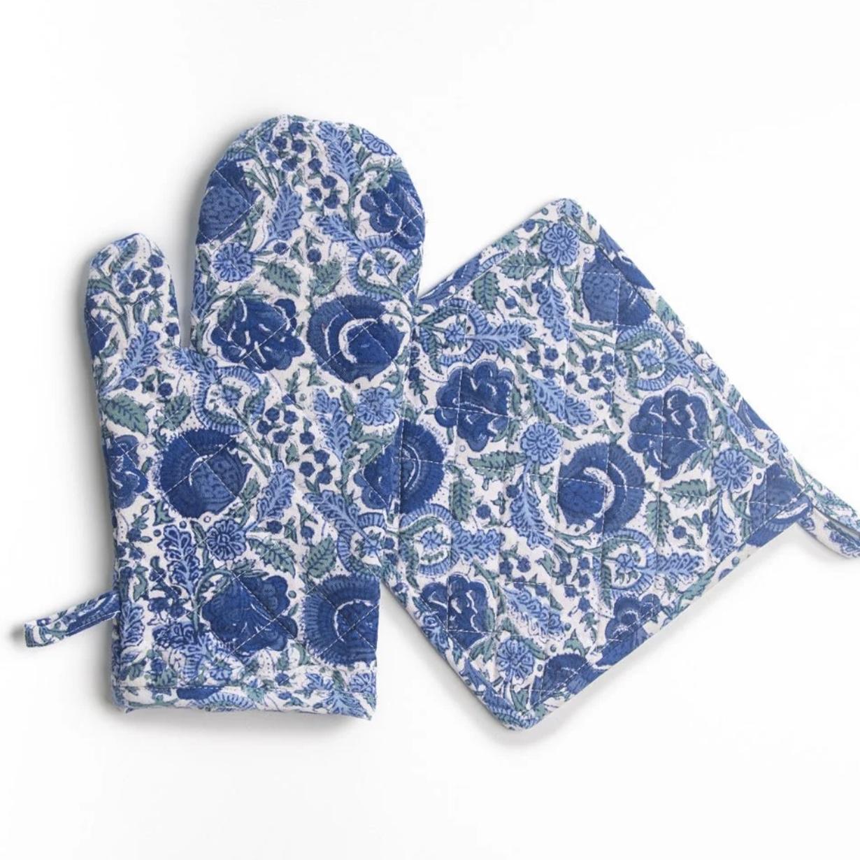 Bohemian Floral Azure Blue & Aqua Oven Mitt Set