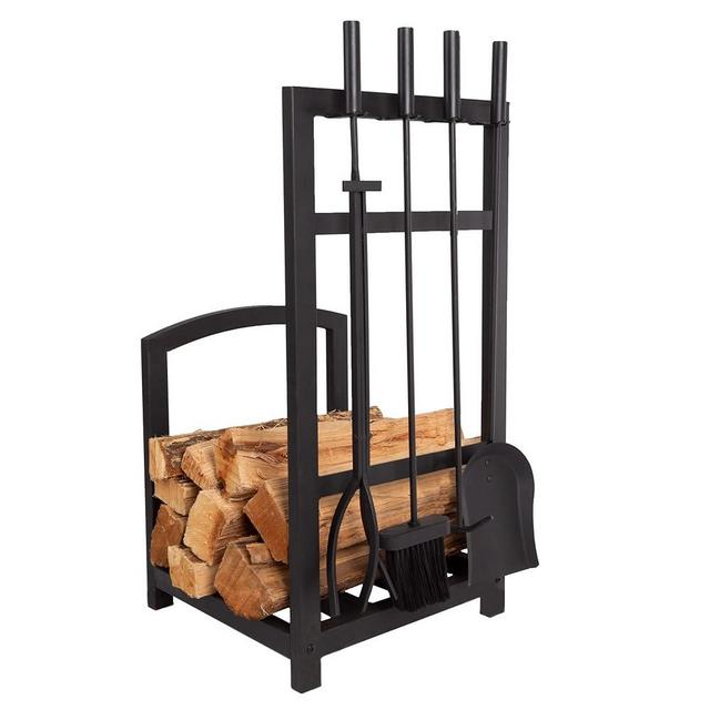 Lavish Home 5-Piece Fireplace Tool Set and Log Rack - Mission-Style Firewood Holder with Shovel, Broom, Tongs, and Poker for Hearth (Matte Black)