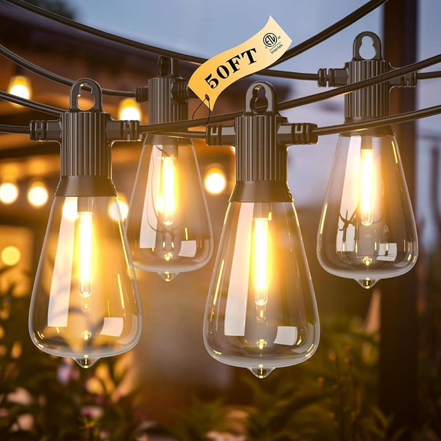 Kawaya Outdoor String Lights 50 FT LED Patio Lights with 25+2 Shatterproof Vintage Edison Bulbs 2700K Dimmable IP65 Waterproof Outside Hanging Lights for Yard Porch Deck Balcony Bistro Cafe Party