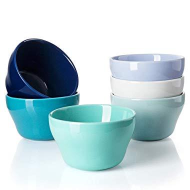 Sweese 107.003 Porcelain Bouillon Cups - 8 Ounce Dessert Bowls - Set of 6, Cool Assorted Colors