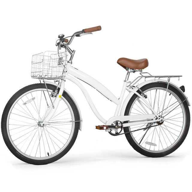 hykolity 26" Commuter Bike Beach Cruiser Bicycle City Bike Cycling for Adult Height 60-72 inch Front Basket Rear Rack White