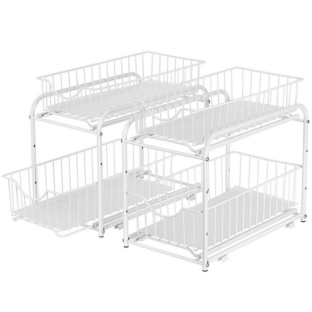 2 Pack - MOOACE Stackable 2-Tier Under Sink Cabinet Organizer with Sliding Storage Drawer, Sliding Basket Organizer for Kitchen, Bathroom, Pantry, Cabinet, White