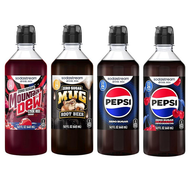SodaStream MTN Dew Code Red Zero, Mug Root Zero, Pepsi Zero & pepsi Wild Cherry Zero New Pour Bottle, Variety Pack 440ml (Pack of 4)