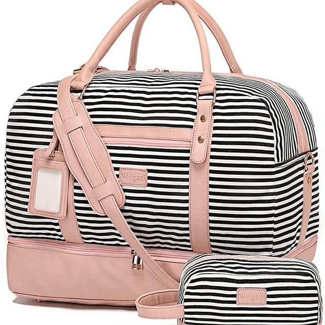 Wogarl Weekender Bags for Women Large Canvas Overnight Bag Travel Duffel Bags Carry on Shoulder Weekend Bag Tote with Shoe Compartment for Travel Night Flight Daily Use (Pink Stripe)
