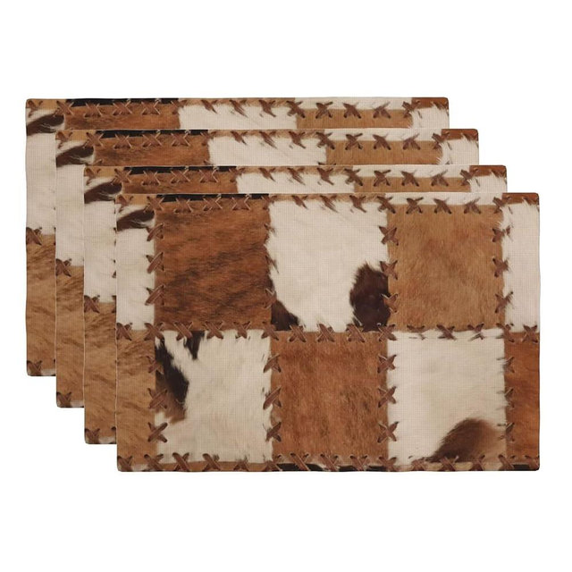 VIGGINER Cowhide Placemats Set of 4 Patchwork Cow Fur Print Linen Washable Placemat Kitchen Dining Heat-Resistant Farm Animal Place Mats Desktop Decor Western Cowboy Table Mats 12x18 Inch