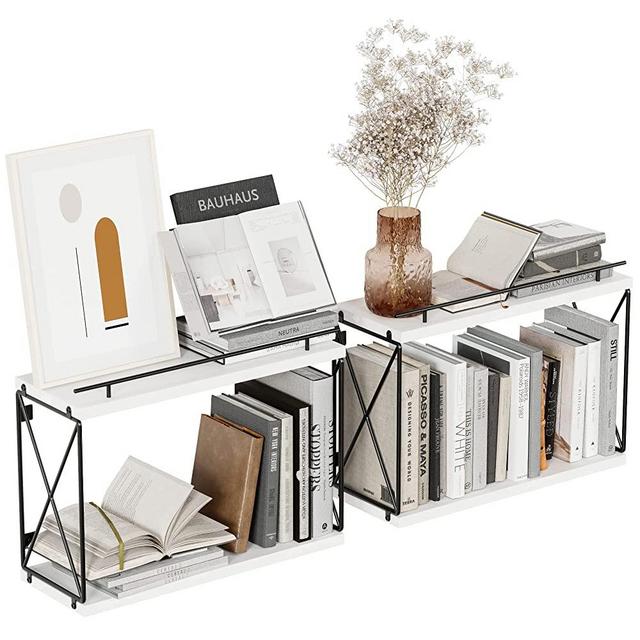 WOPITUES Floating Book Shelves, Wooden Book Shelves for Wall Sets of 2, Floating Book Shelf with Metal Guardrail for Bedroom, Small Book Organizer for Wall Decor, Living Room, Kids Room, Office–White