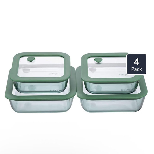 Crispa 100% Plastic-Free Glass Food Storage Containers [Set of 4 Glass Containers with Silicone Lids] Non-Toxic, Leakproof Meal Prep Set, 5-Cup (40oz) & 2.6-Cup (20oz), Freezer to Oven Safe, Teal