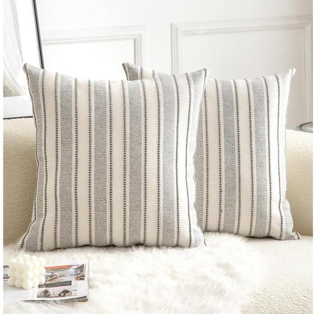 Cethom Decorative Boho Throw Pillow Covers, Farmhouse Textured Pillow Case, 18 x 18 Inch Set of 2, Chair Sofa Bedroom Living Room Home Decor Couch Cushion Case, Grey and Beige Striped