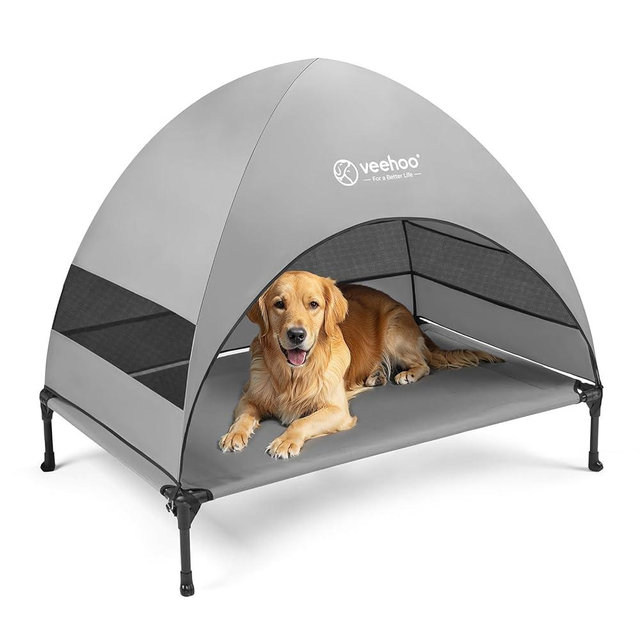 Veehoo Outdoor Dog Bed with Canopy, Cooling Elevated Dog Bed with Removable Shade, Non-Slip Feet, Raised Dog Cot Bed for Large Dogs, Dog Tent Bed for Camping, Beach, Large, Grey, CWC2411
