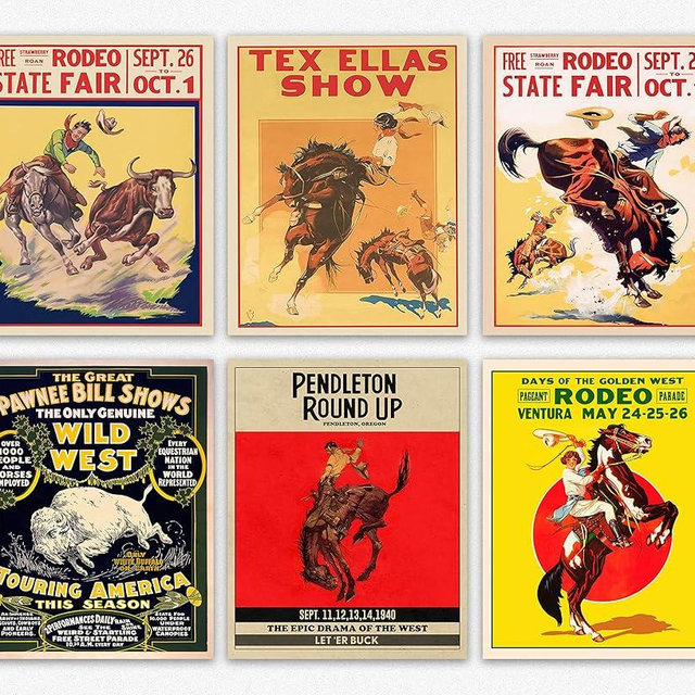 Cowboy Rodeo Publicity Vintage Decor, Cute & Unique Cafe Bar Home Decor Vintage Poster, Retro Cowboy Action Art Coffee Bar Accessories Western Signs & Posters Aesthetic Cowboy Wall Decor Set of 6 (Unframed, 8 x 10)