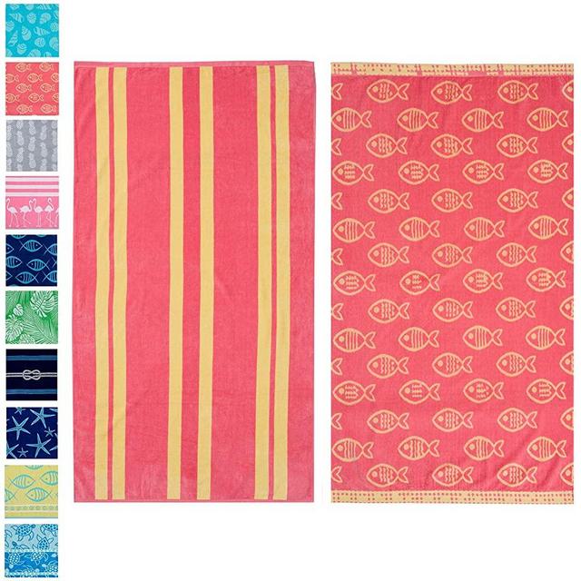 2 Pack Plush Pink Fish & Stripes Print Beach Towels. 100% Cotton Nautical  Beach Towels, Large Pool Towels. Maui Collection (30”x60”)