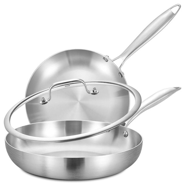 LOLYKITCH 8.5-12 Inch Tri-ply Stainless Steel Frying Pan Set with a Lid,Skillets,Induction Cooking Pans,Pots and Pans Set,Dishwasher and Oven Safe,Riveted Handle.