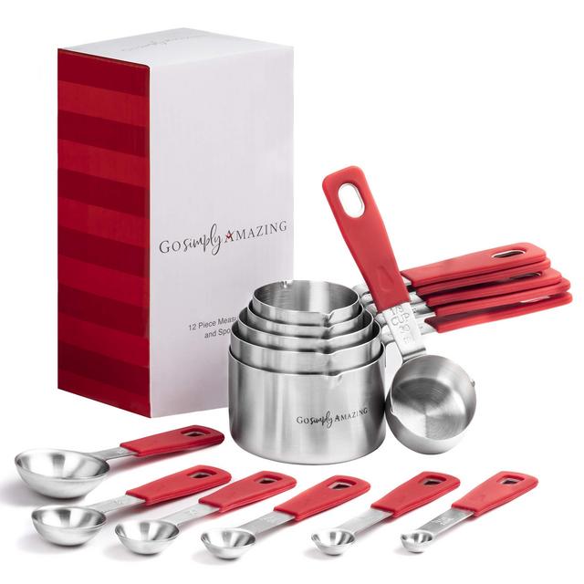 Measuring Cups and Spoons Set by Go Simply Amazing- 12 Piece Nesting Stainless Steel Measuring Set with RED Silicone Handles, Baking and Cooking Essentials for your Kitchen, Kitchen Utensils & Gadgets