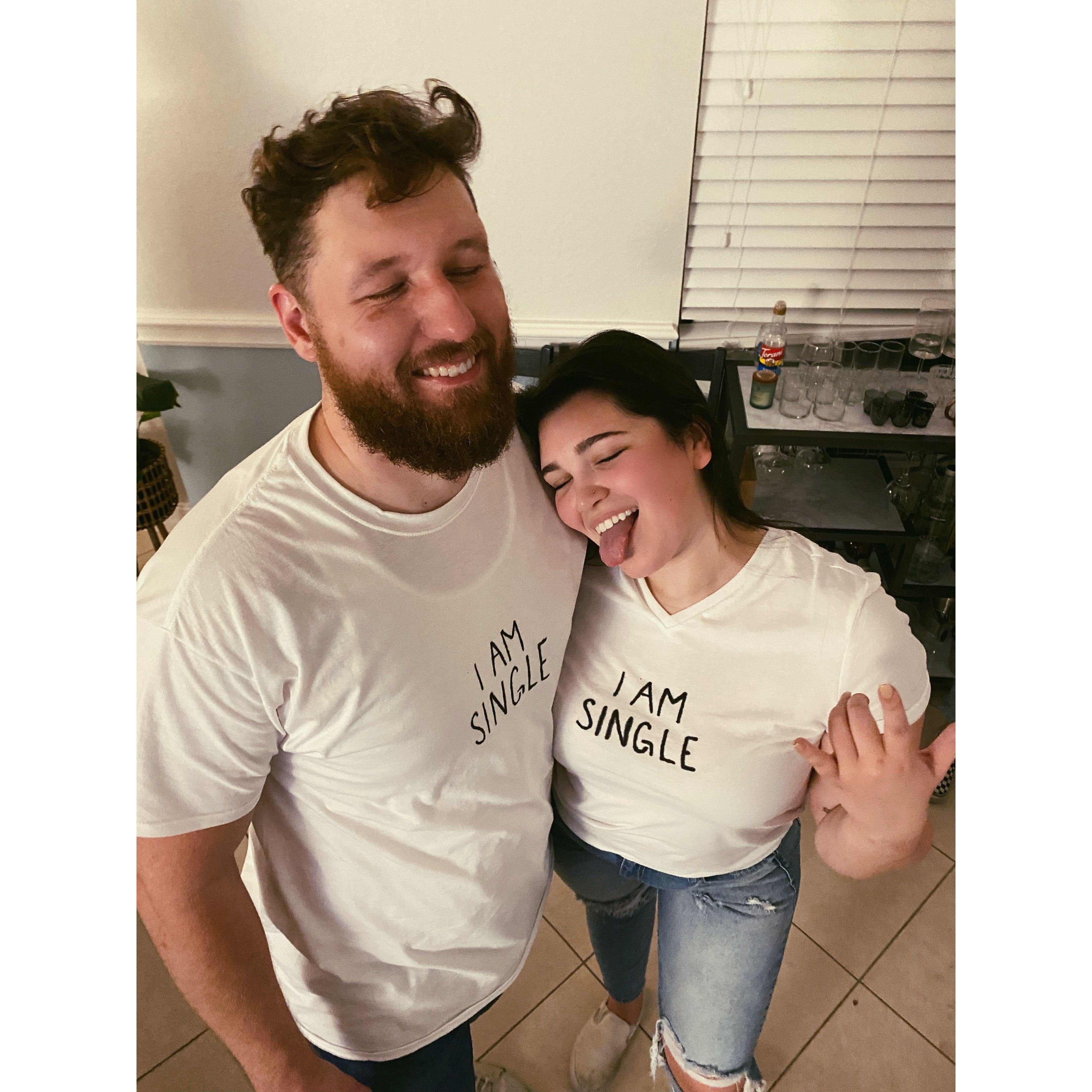 Our very first photo together at a "white lies" T- shirt party; we were in fact, not single!