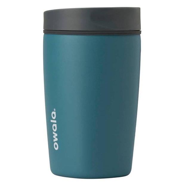 Owala SmoothSip Slider Insulated Stainless Steel Coffee Tumbler, Reusable Iced Coffee Cup, Hot Coffee Travel Mug, BPA Free 12 oz, Grey/Blue (High Dive)