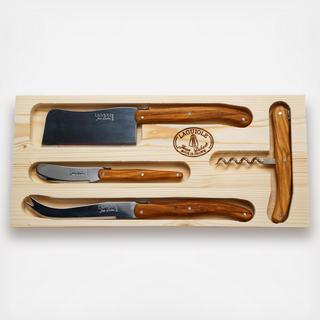Laguiole Rustic 4-Piece Olive Wood Cheese and Wine Set